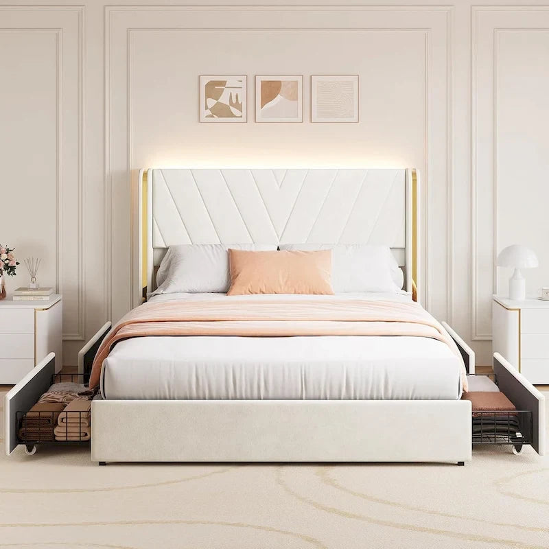 Upholstered Velvet Platform Bed Frame With Wingback Headboard and 4 Storage Drawers