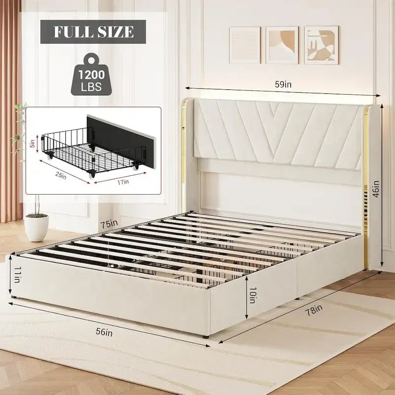 Estructura de cama con plataforma tapizada en terciopelo, cabecero con alas y 4 cajones de almacenamiento