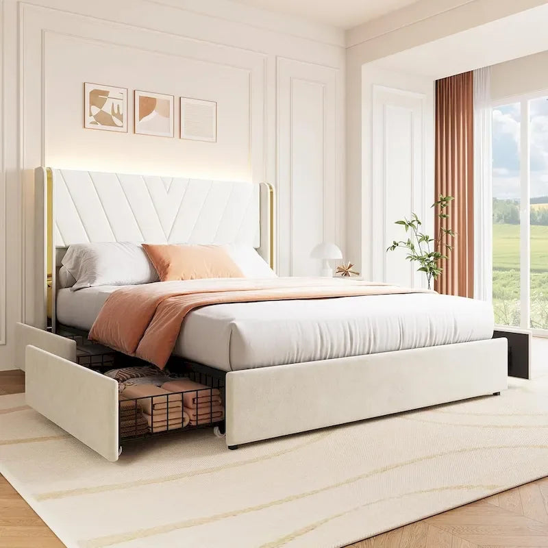 Estructura de cama con plataforma tapizada en terciopelo, cabecero con alas y 4 cajones de almacenamiento