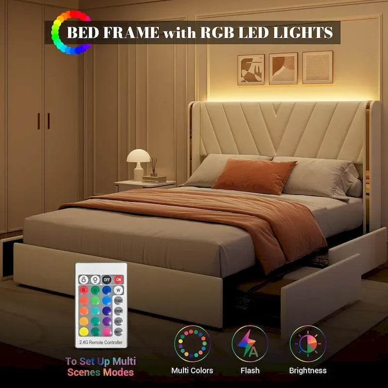 Estructura de cama con plataforma tapizada en terciopelo, cabecero con alas y 4 cajones de almacenamiento
