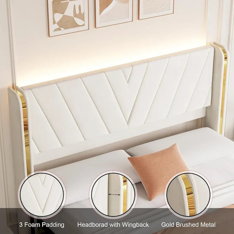 Estructura de cama con plataforma tapizada en terciopelo, cabecero con alas y 4 cajones de almacenamiento