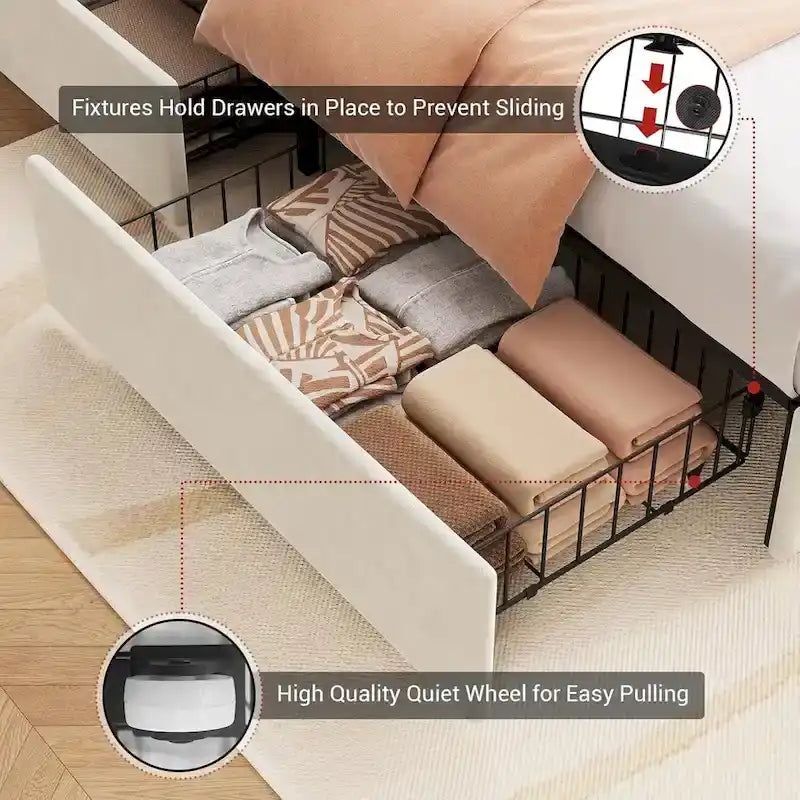 Estructura de cama con plataforma tapizada en terciopelo, cabecero con alas y 4 cajones de almacenamiento