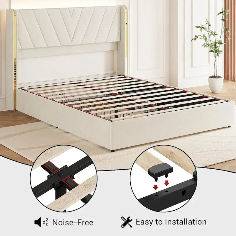 Estructura de cama con plataforma tapizada en terciopelo, cabecero con alas y 4 cajones de almacenamiento