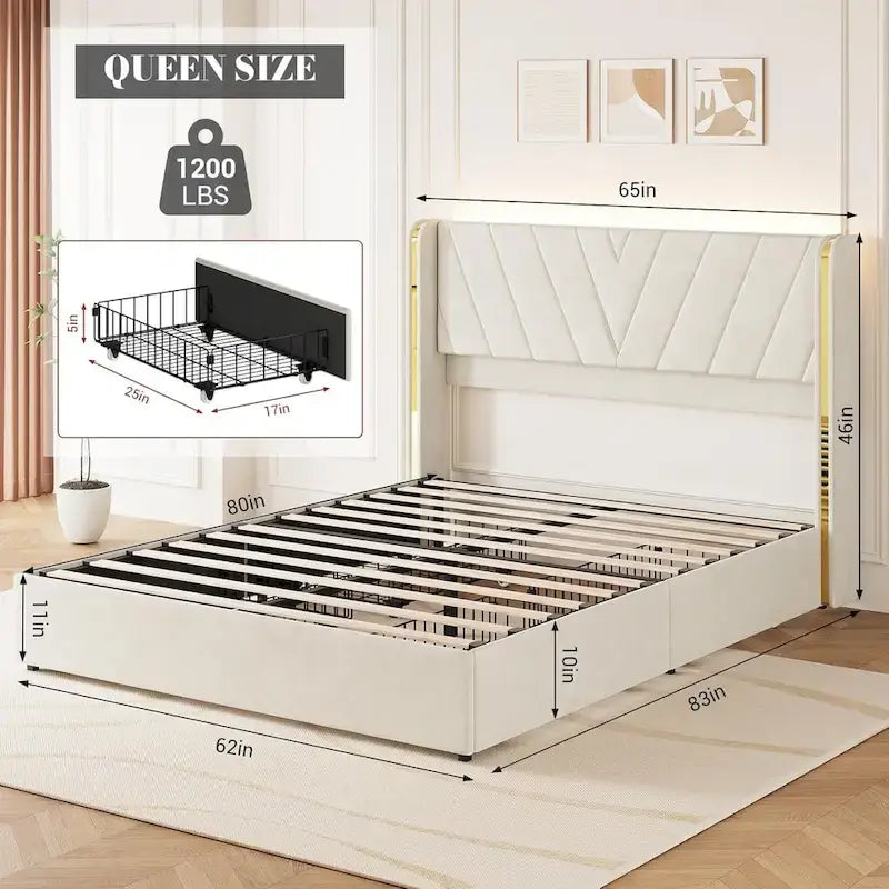 Estructura de cama con plataforma tapizada en terciopelo, cabecero con alas y 4 cajones de almacenamiento