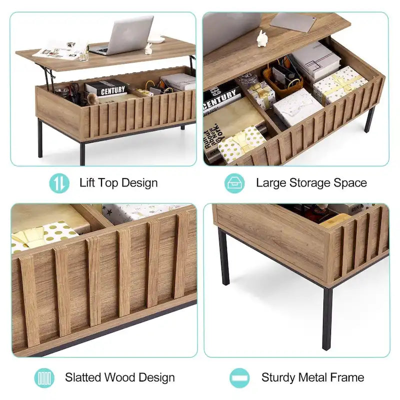 Mesa de centro de madera con tablero elevable y amplio compartimento de almacenamiento oculto - 22*43