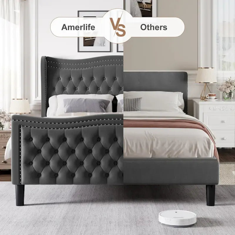 Lit plateforme moderne en velours avec tête de lit rembourrée pour chambre