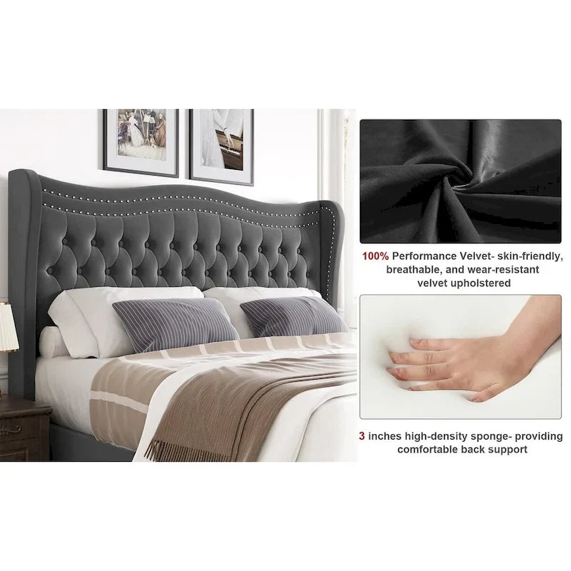 Lit plateforme moderne en velours avec tête de lit rembourrée pour chambre
