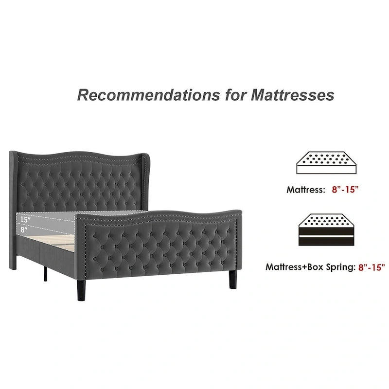 Lit plateforme moderne en velours avec tête de lit rembourrée pour chambre