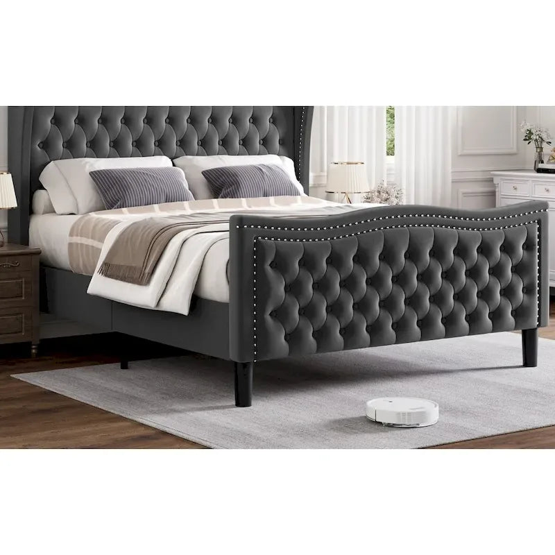 Lit plateforme moderne en velours avec tête de lit rembourrée pour chambre