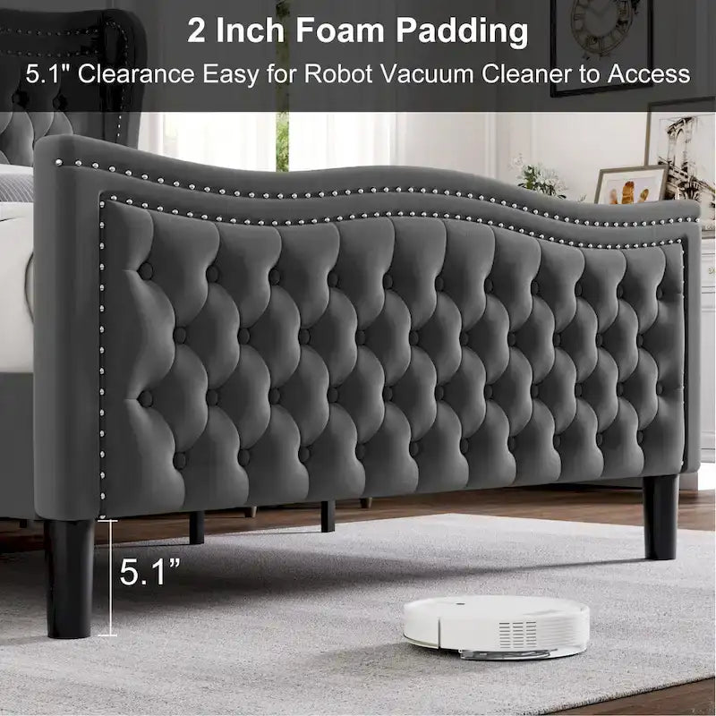 Lit plateforme moderne en velours avec tête de lit rembourrée pour chambre
