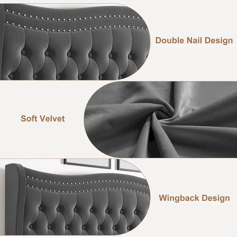 Lit plateforme moderne en velours avec tête de lit rembourrée pour chambre