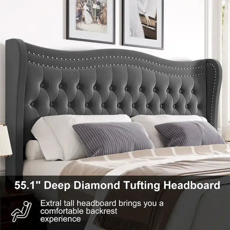 Lit plateforme moderne en velours avec tête de lit rembourrée pour chambre