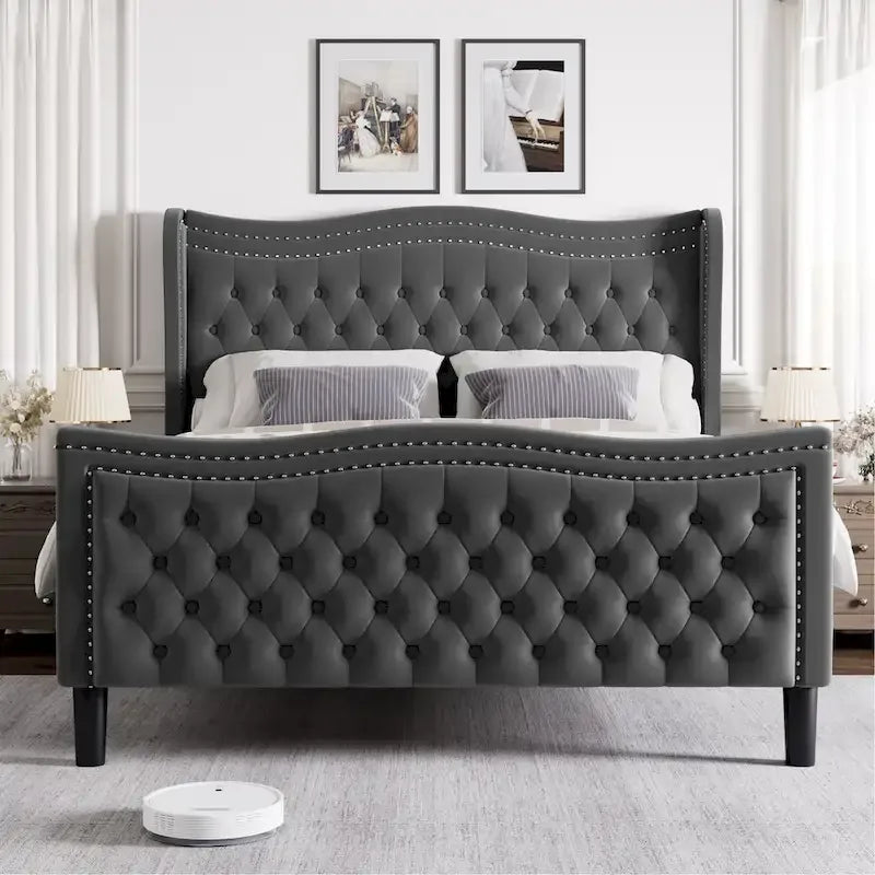 Lit plateforme moderne en velours avec tête de lit rembourrée pour chambre