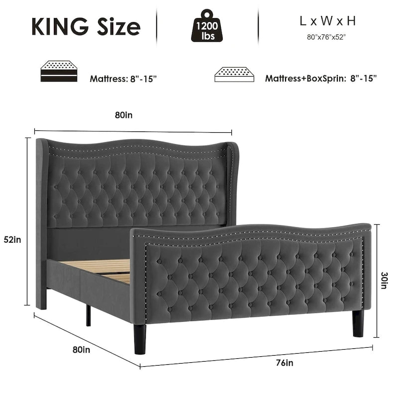 Lit plateforme moderne en velours avec tête de lit rembourrée pour chambre