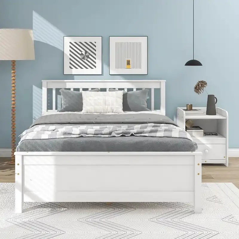 Cama de madera de pino de tamaño matrimonial con cabecero y pie de cama para niños