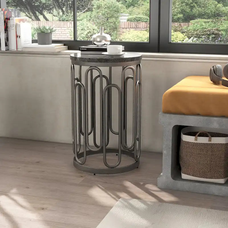 Petite table d’appoint ronde moderne avec plateau en marbre et solide piètement décoratif en métal