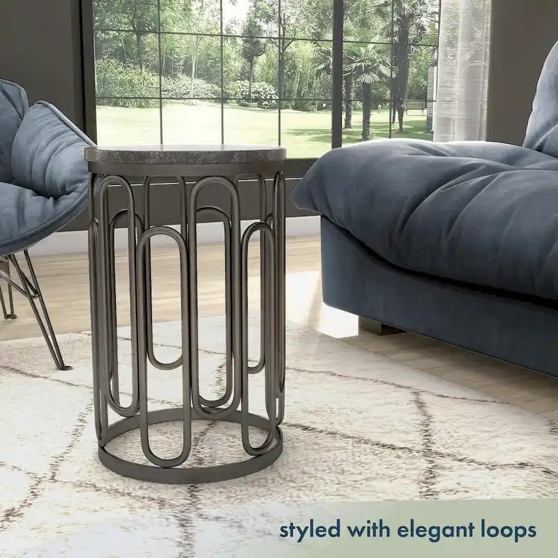 Petite table d’appoint ronde moderne avec plateau en marbre et solide piètement décoratif en métal
