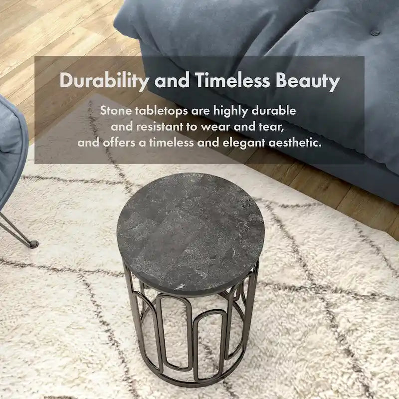 Petite table d’appoint ronde moderne avec plateau en marbre et solide piètement décoratif en métal