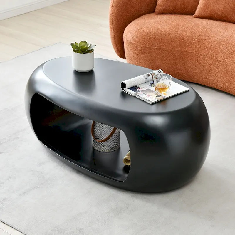 Table basse ou d’appoint ovale contemporaine à rangement creux plat, noir et blanc