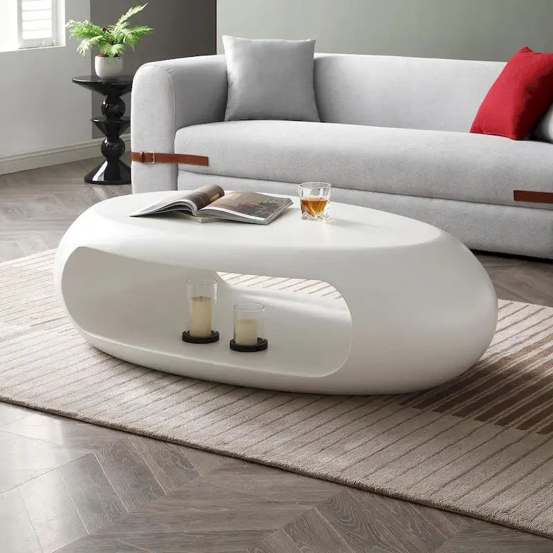 Table basse ou d’appoint ovale contemporaine à rangement creux plat, noir et blanc