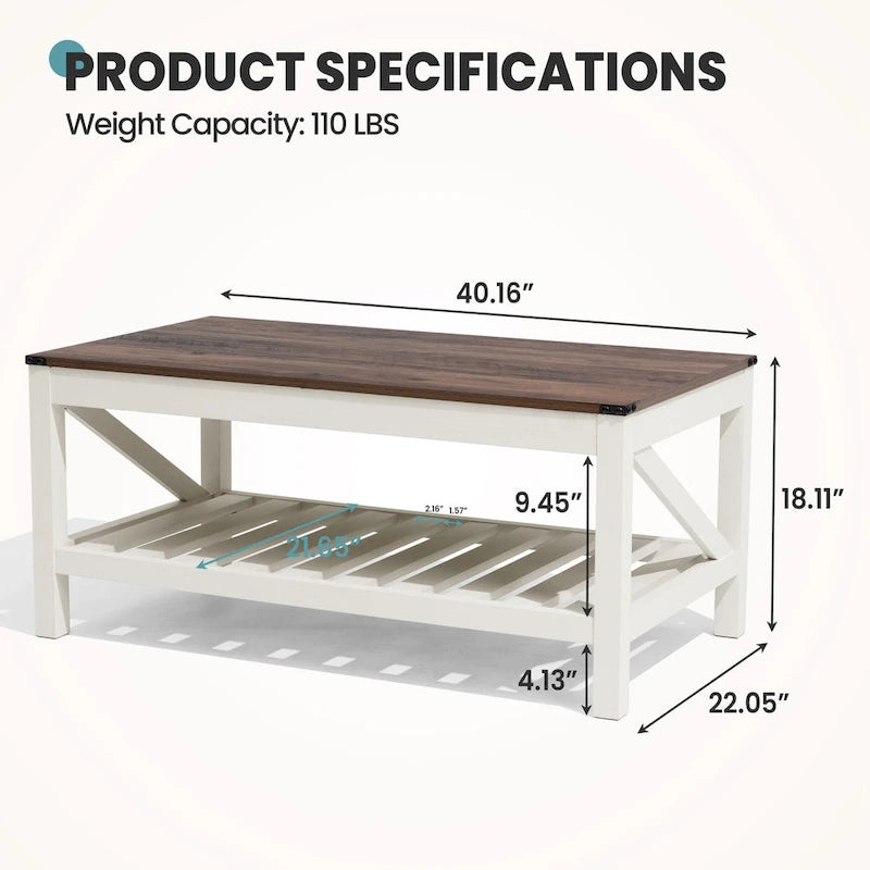 Mesa de centro para sala de estar con estante de almacenamiento, mesa central para sofá - 40.16 W x 22.05 D x 18.11 H