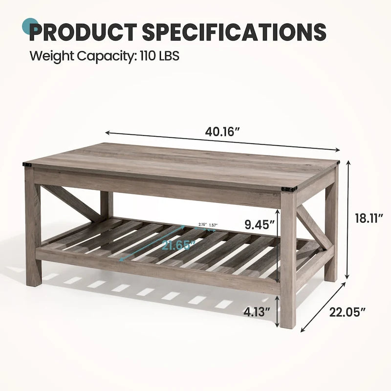 Mesa de centro para sala de estar con estante de almacenamiento, mesa central para sofá - 40.16 W x 22.05 D x 18.11 H
