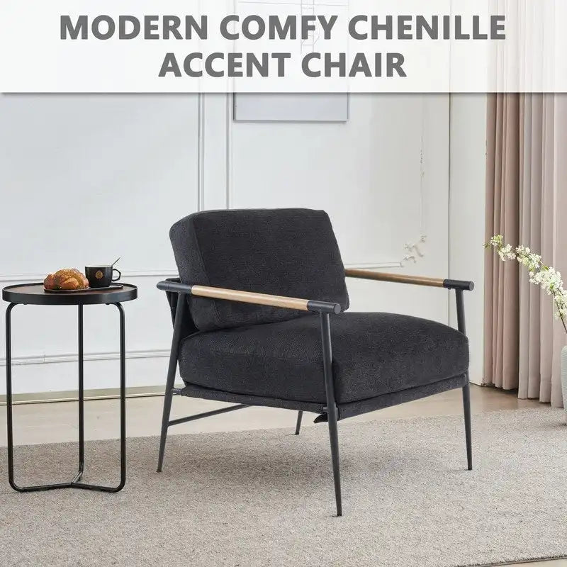 Set aus 2 Akzentstühlen, weiße Chenille-Armlehnstühle fürs Wohnzimmer im Mid-Century-Modern-Stil, Metallbeine, furnierte Metallarmlehnen, 2 Stück