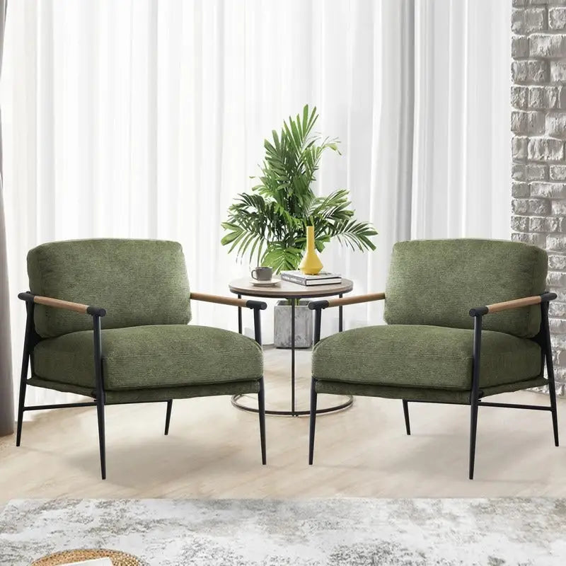 Set aus 2 Akzentstühlen, weiße Chenille-Armlehnstühle fürs Wohnzimmer im Mid-Century-Modern-Stil, Metallbeine, furnierte Metallarmlehnen, 2 Stück