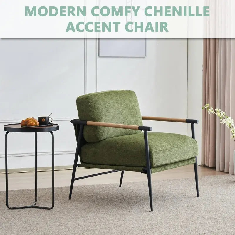 Set aus 2 Akzentstühlen, weiße Chenille-Armlehnstühle fürs Wohnzimmer im Mid-Century-Modern-Stil, Metallbeine, furnierte Metallarmlehnen, 2 Stück