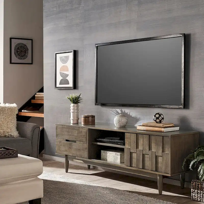 TV-Ständer aus Holz im Mid-Century-Stil mit Gebrauchsspuren und 2 Schubladen