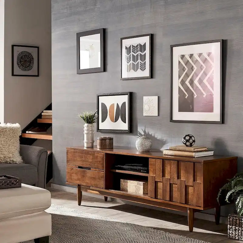 TV-Ständer aus Holz im Mid-Century-Stil mit Gebrauchsspuren und 2 Schubladen