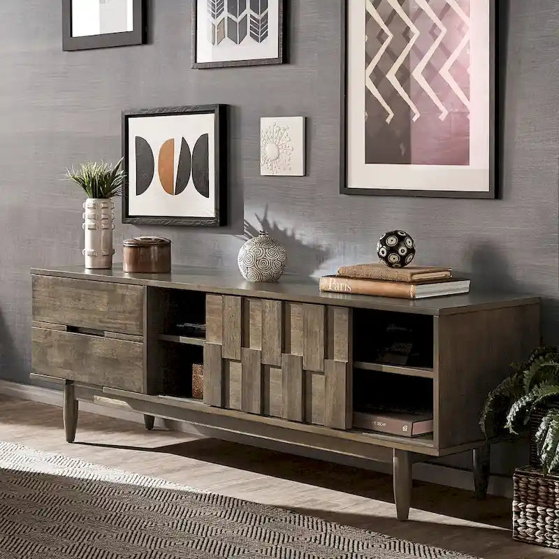 TV-Ständer aus Holz im Mid-Century-Stil mit Gebrauchsspuren und 2 Schubladen