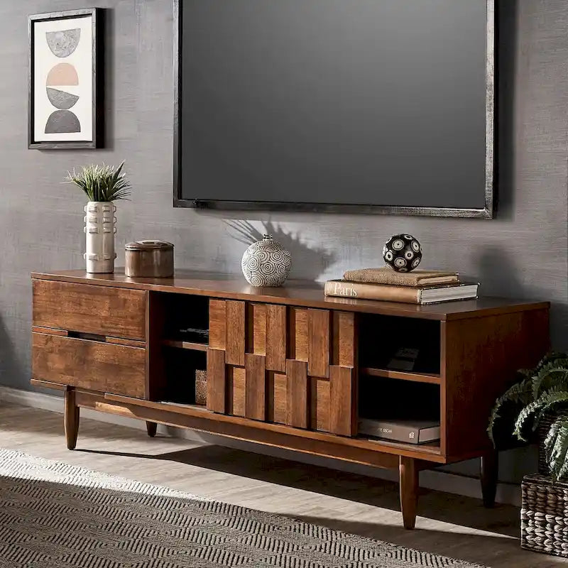 TV-Ständer aus Holz im Mid-Century-Stil mit Gebrauchsspuren und 2 Schubladen