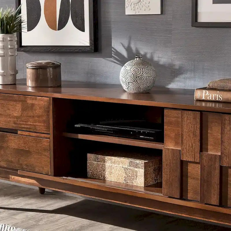 TV-Ständer aus Holz im Mid-Century-Stil mit Gebrauchsspuren und 2 Schubladen