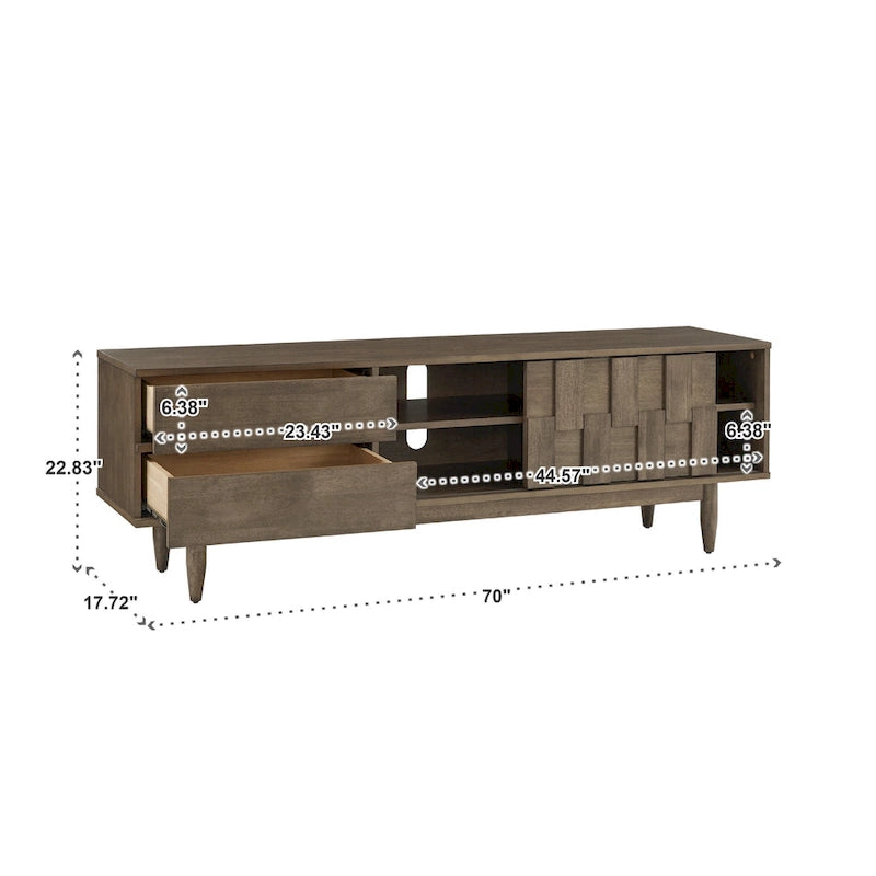 TV-Ständer aus Holz im Mid-Century-Stil mit Gebrauchsspuren und 2 Schubladen