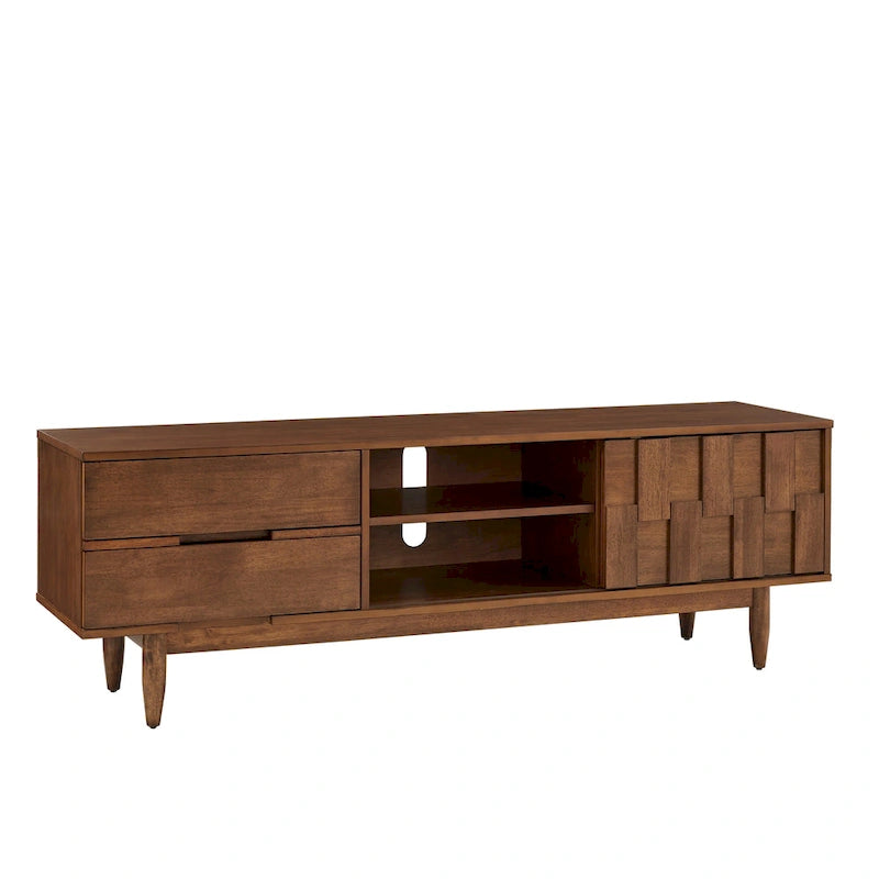 TV-Ständer aus Holz im Mid-Century-Stil mit Gebrauchsspuren und 2 Schubladen