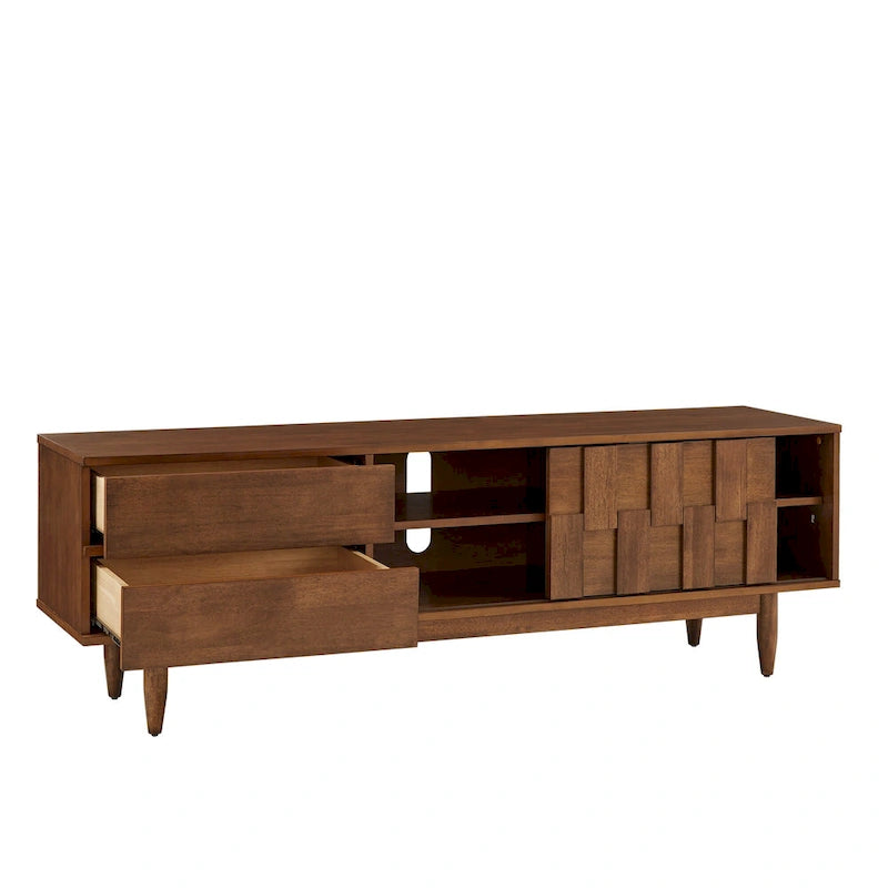 TV-Ständer aus Holz im Mid-Century-Stil mit Gebrauchsspuren und 2 Schubladen