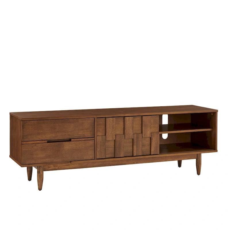 TV-Ständer aus Holz im Mid-Century-Stil mit Gebrauchsspuren und 2 Schubladen