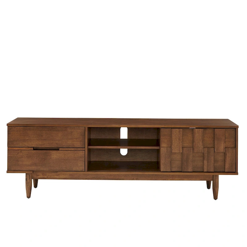 TV-Ständer aus Holz im Mid-Century-Stil mit Gebrauchsspuren und 2 Schubladen