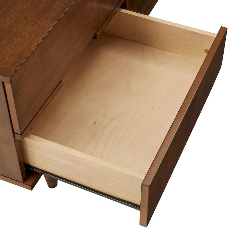 TV-Ständer aus Holz im Mid-Century-Stil mit Gebrauchsspuren und 2 Schubladen