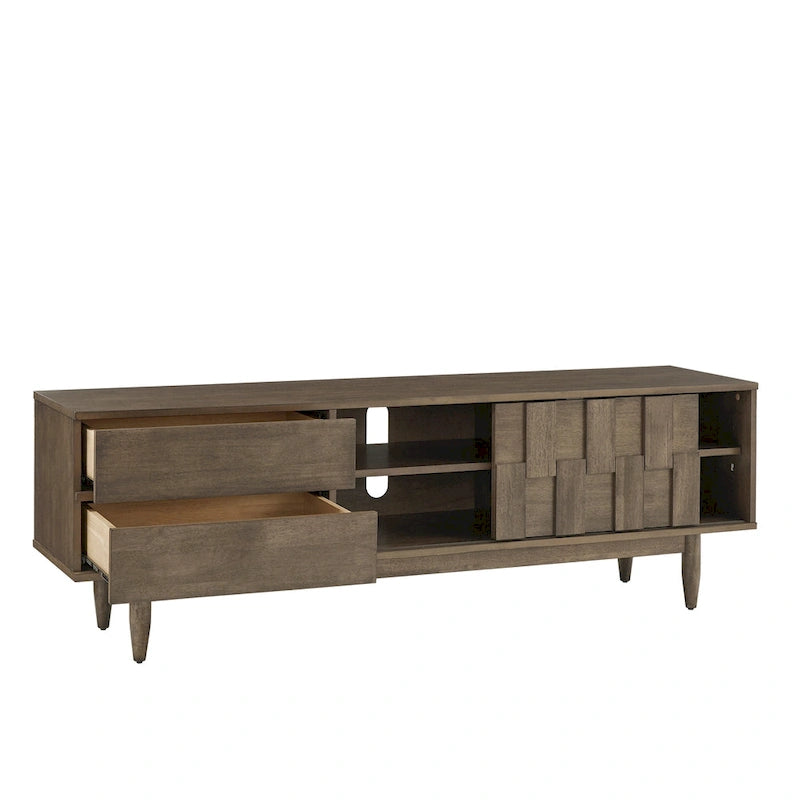 TV-Ständer aus Holz im Mid-Century-Stil mit Gebrauchsspuren und 2 Schubladen
