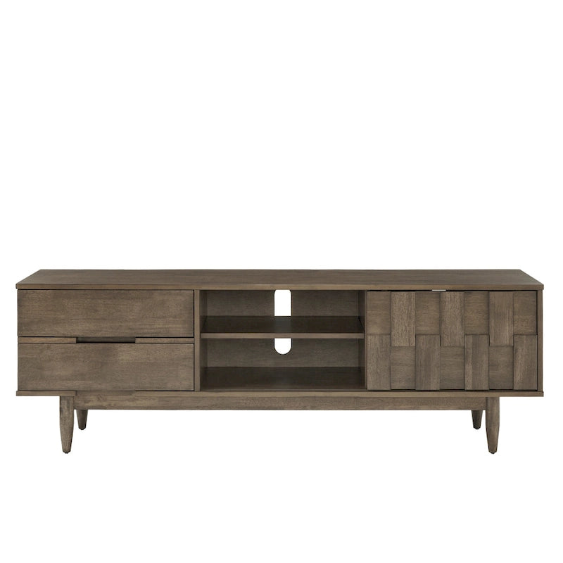 TV-Ständer aus Holz im Mid-Century-Stil mit Gebrauchsspuren und 2 Schubladen
