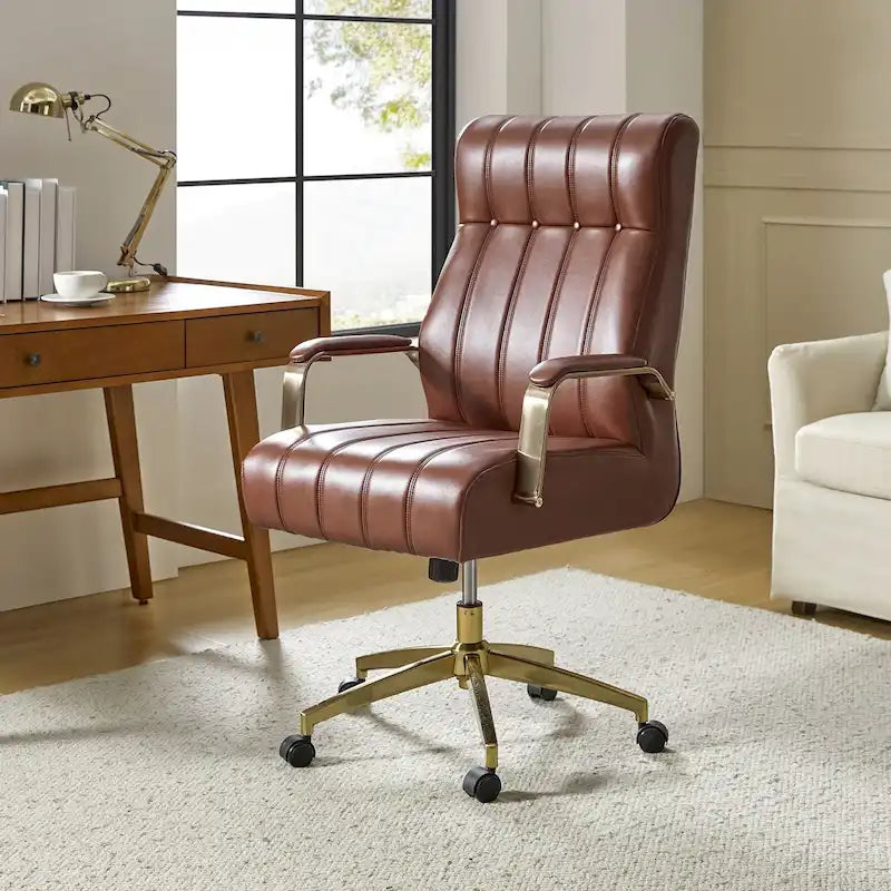 Dreh- und kippbarer Bürostuhl aus veganem Leder im Mid-Century-Modern-Stil mit kanalgetuftetem Bezug und Metallfüßen