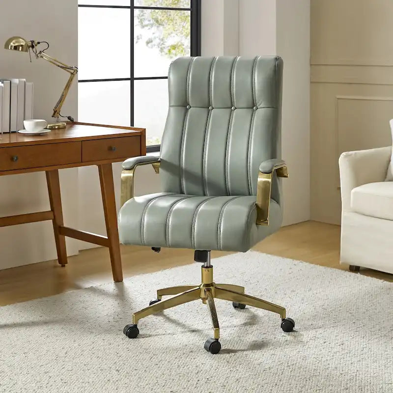 Dreh- und kippbarer Bürostuhl aus veganem Leder im Mid-Century-Modern-Stil mit kanalgetuftetem Bezug und Metallfüßen