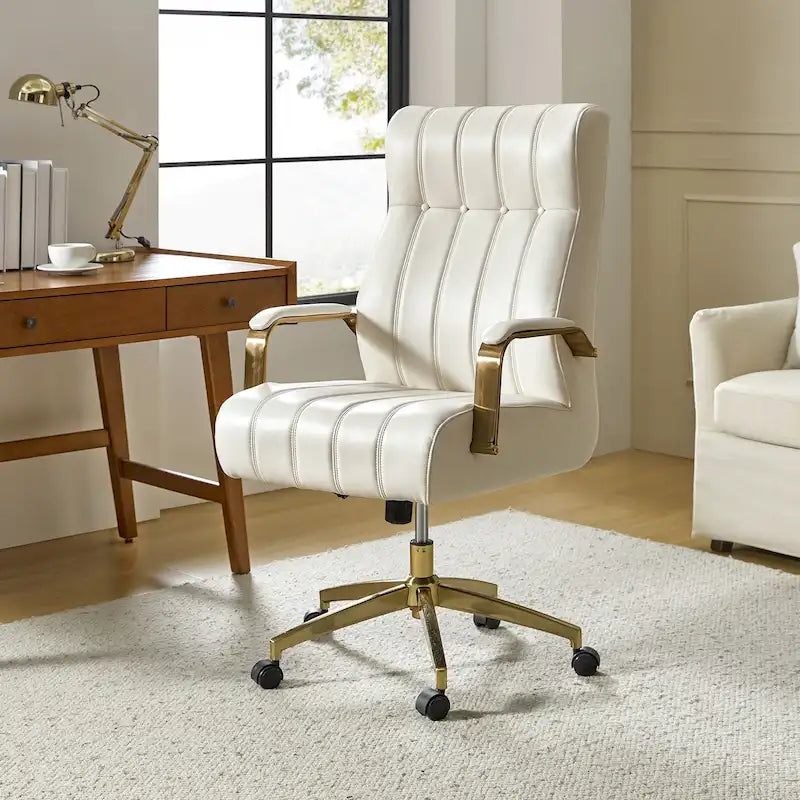 Dreh- und kippbarer Bürostuhl aus veganem Leder im Mid-Century-Modern-Stil mit kanalgetuftetem Bezug und Metallfüßen