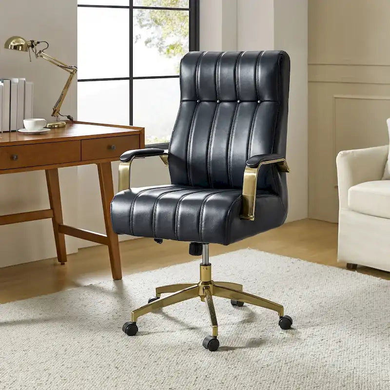 Dreh- und kippbarer Bürostuhl aus veganem Leder im Mid-Century-Modern-Stil mit kanalgetuftetem Bezug und Metallfüßen