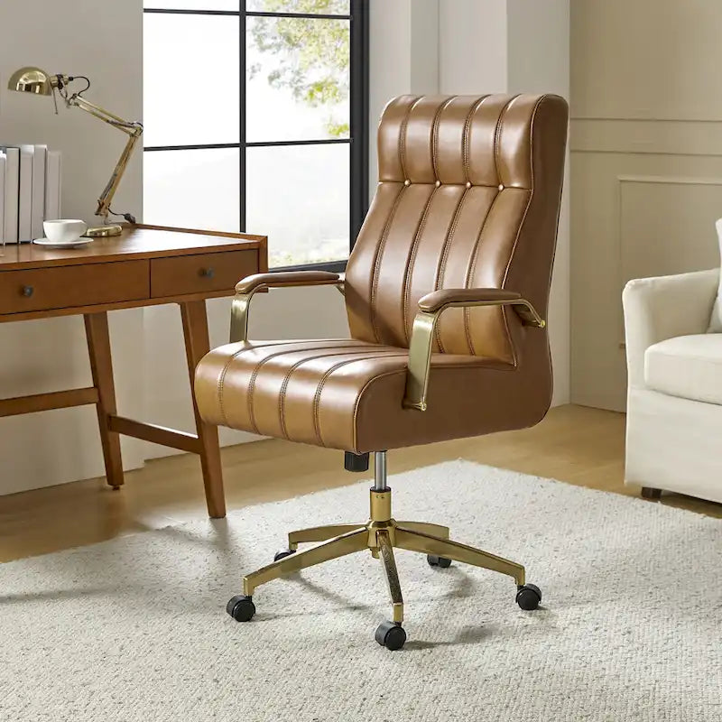 Chaise de bureau pivotante et inclinable en cuir végétalien, style moderne du milieu du siècle, capitonnée à canaux, avec pieds en métal