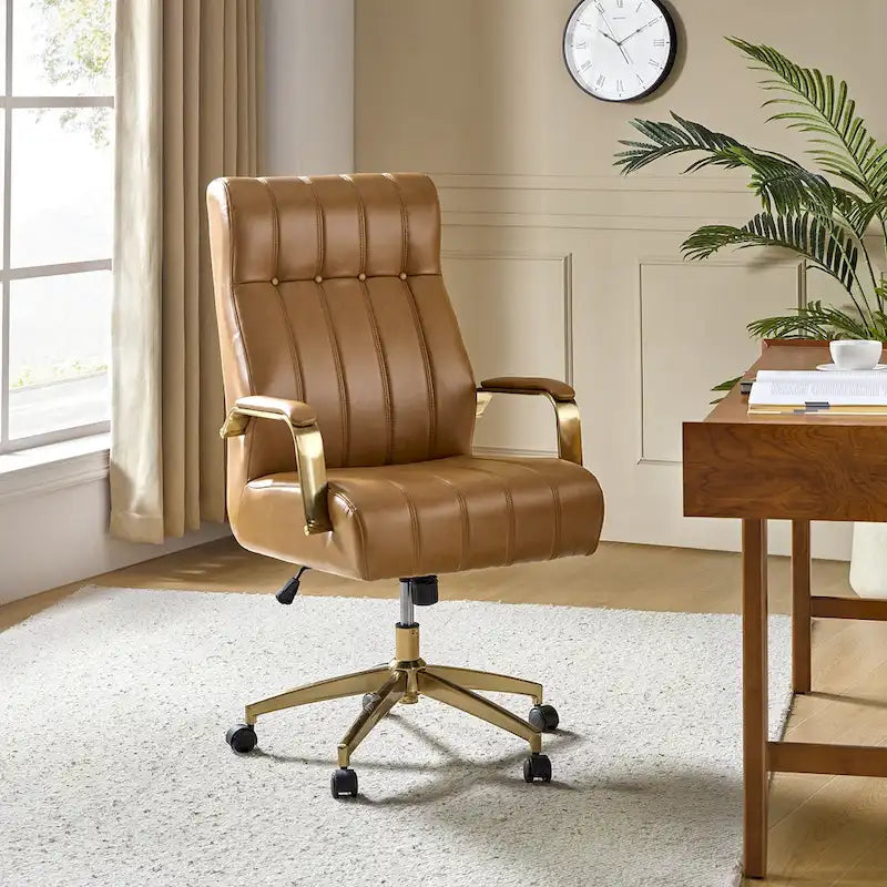 Chaise de bureau pivotante et inclinable en cuir végétalien, style moderne du milieu du siècle, capitonnée à canaux, avec pieds en métal