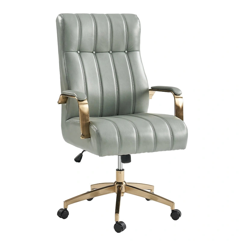 Chaise de bureau pivotante et inclinable en cuir végétalien, style moderne du milieu du siècle, capitonnée à canaux, avec pieds en métal