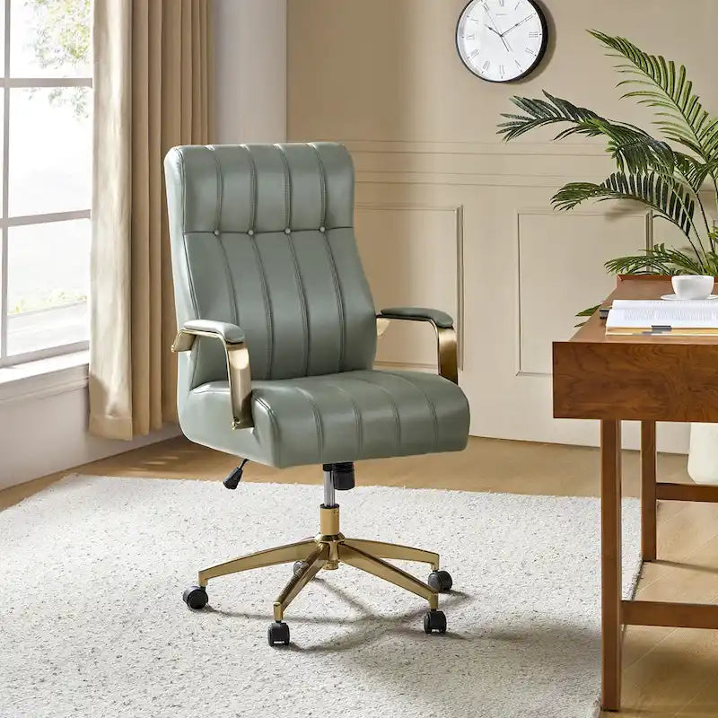Chaise de bureau pivotante et inclinable en cuir végétalien, style moderne du milieu du siècle, capitonnée à canaux, avec pieds en métal